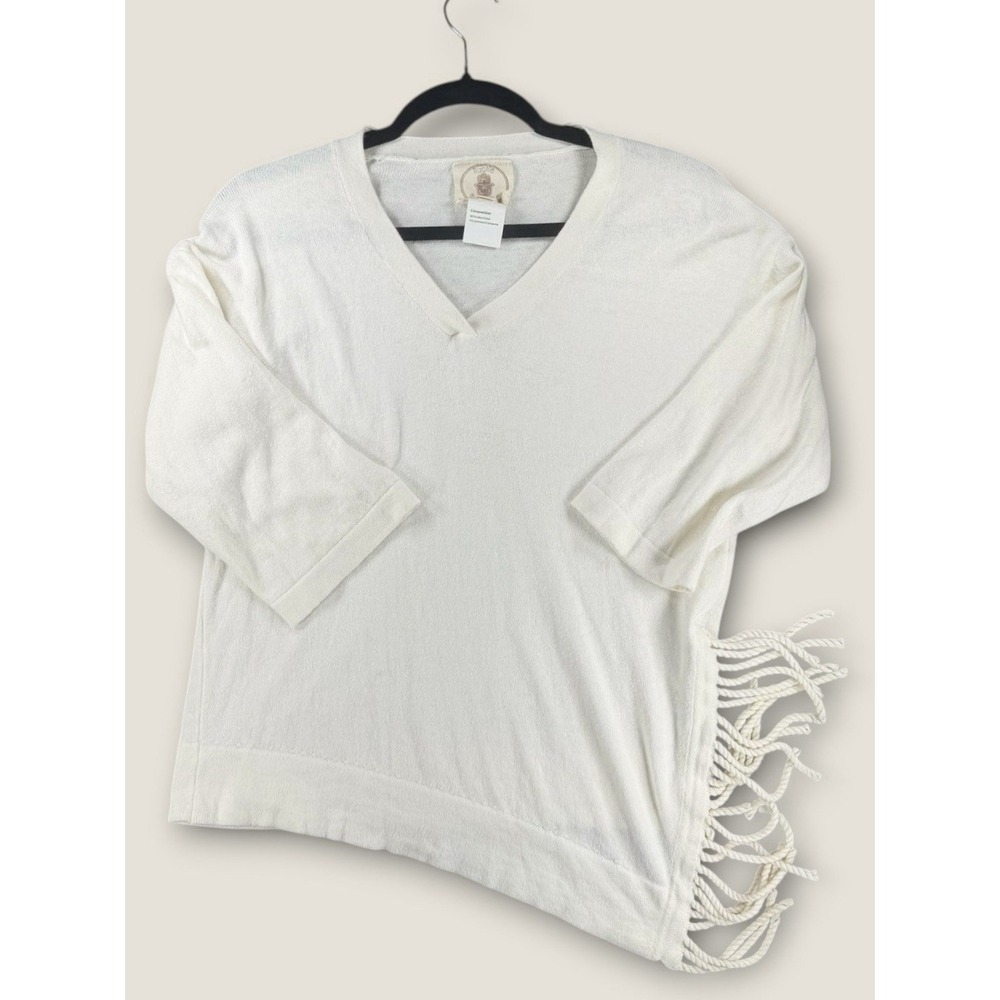 Muche Muchette Cream Cotton Cashmere Knit Fringe Asymmetrical V-Neck Sweater OS‎